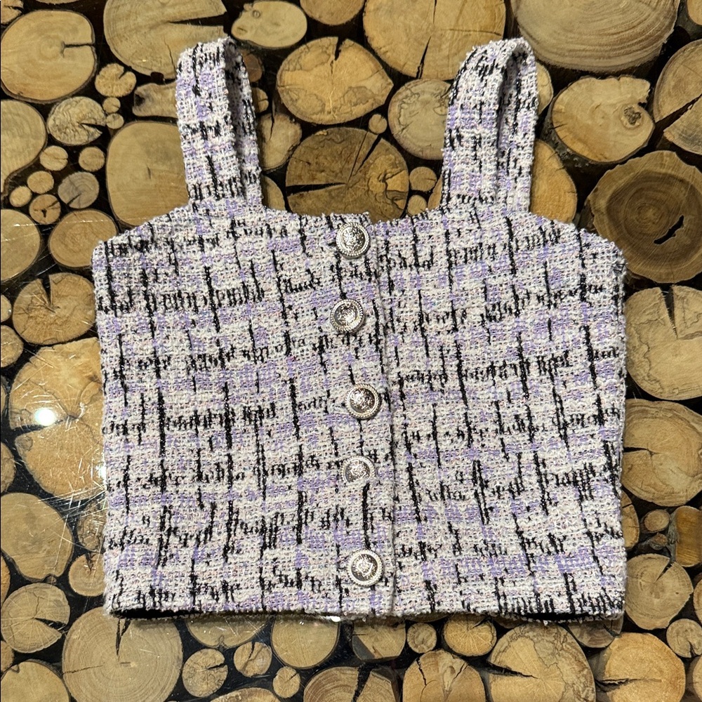 Flowers by Zoe Tweed Button-Up Crop Top - Black and Purple